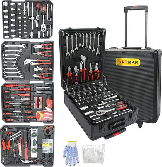 Campfun 899PCS Tool Set, Household Tool Kit with Rolling Tool Box, Complete Tool Box Set Hand Tool Set with Tool Box, Mechanic Tool Set Rolling Tool Set for Home/Auto Repair Tool Set, Black