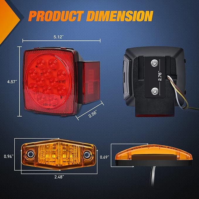 Nilight LED Trailer Light Kit Square Stop Turn Tail Red Amber Side Marker lights Third Brake ID Bar for 12V Utility Boat Camper RV Trucks Marine Snowmobile