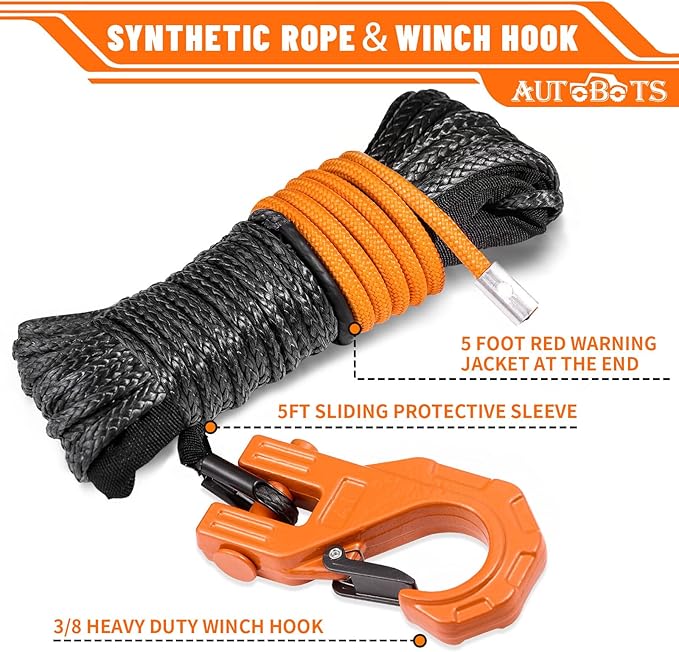 AUTOBOTS Synthetic Winch Rope 1/4" X 50 Ft, Max 9500lbs with Heavy Duty 3/8 Winch Hook, Protective Sleeve for Off Road Vehicle ATV UTV Orange