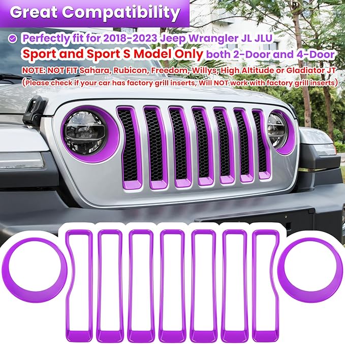Front Grille Mesh Inserts & Headlight Cover for Jeep Wrangler JL JLU Sport & Sport S Only 2018-2023 Exterior Accessories Clip-in Grille Guard Cover Headlight Bezels Trim Ring (Purple 9PCS)