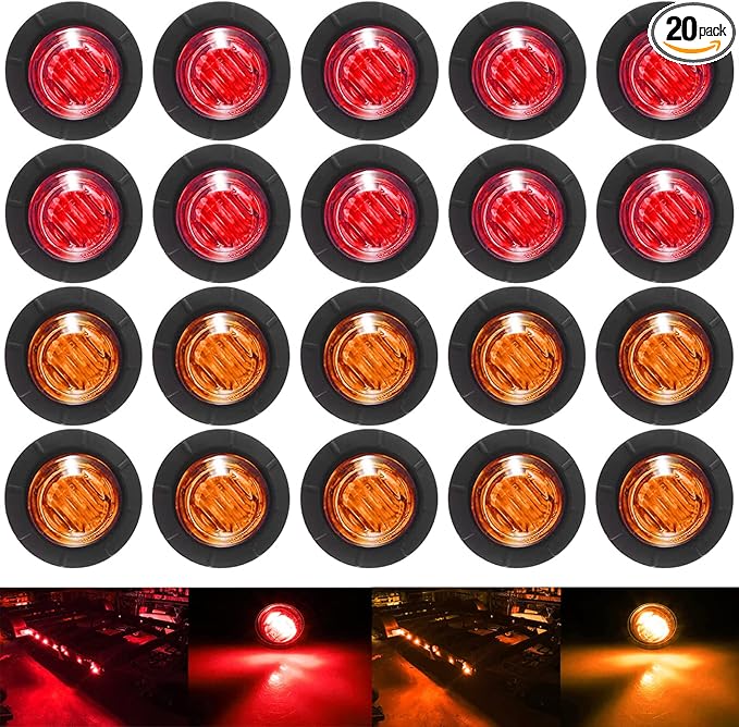 KEING 10 Amber + 10 Red Sealed Waterproof 3/4 Inch Mini Round LED Bullet Side Marker Clearance Lamp Indicator Light Brake Stop Lamp 12V for Trailer Truck Bus Pickup Van ATV RV Lorry Caravan