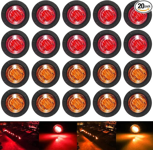 KEING 10 Amber + 10 Red Sealed Waterproof 3/4 Inch Mini Round LED Bullet Side Marker Clearance Lamp Indicator Light Brake Stop Lamp 12V for Trailer Truck Bus Pickup Van ATV RV Lorry Caravan