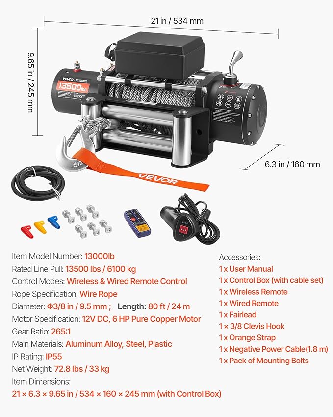 VEVOR Electric Winch, 13500 lbs Load Capacity, 12V DC Truck Winch with Φ3/8 in x 80 ft Steel Rope, Wireless & Wired Remote Control, IP55 Waterproof for Towing SUV Jeep Trailer Boat Off-Road Vehicle