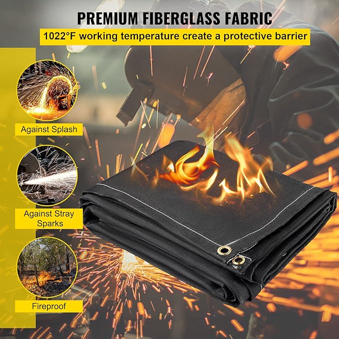 VEVOR Fire Blankets, 2 Pack Welding Blankets, 8' x 10' Fire Suppression Blanket, 1022°F Flame Retardant Blanket, Black Fire Emergency Blankets, Fiberglass Fire Retardant Blanket with 12 Brass Grommets