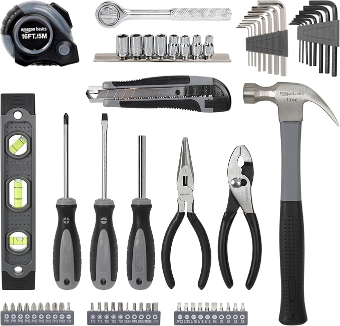 Amazon Basics 65 Piece Home Basic Repair Tool Kit Set With Bag, Silver, Black