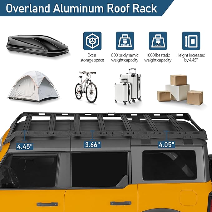 Hooke Road Bronco Full Length Roof Rack Aluminum Cross Bars for 2021-2025 Ford Bronco 4-Door Hardtop (Exclude Bronco Sport), Overlanding Rooftop Cargo Basket Carrier