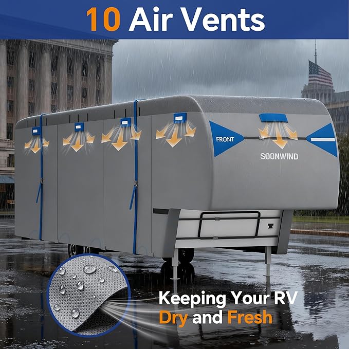 Heavy Duty 7 Layers 5th Wheel RV Cover, Camper Cover & Travel Trailer Cover 31-34ft, Waterproof Windproof All-Weather Protection with Gutter & Tongue Jack Covers Reinforced Straps - Blue