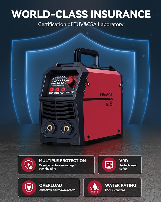 ARCCAPTAIN 200A Stick/Lift TIG Welder with Torch, [Large LED Display] 110V/220V Welding Machine with Synergic Control, IGBT Inverter, Portable MMA Welder Machine with Hot Start, Arc force
