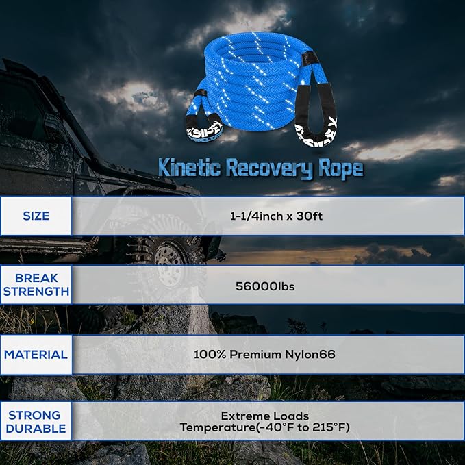 Kinetic Recovery Rope (Reflective) | 1.25in x 30ft 56,000Lbs Heavy Duty, 35% Elasticity Tow Rope - Offroad Snatch Strap for 4x4 Truck SUV UTV ATV Jeep