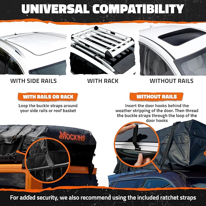 Mockins XXL 50 CuFt Cargo Roof Bag | 85"x50"x20" All-Weather Soft Shell Vinyl Car Top Carrier Without Roof Rack | Waterproof Rooftop Cargo Bag for Top of Car Storage | Roof Rack Bag w/Accessories
