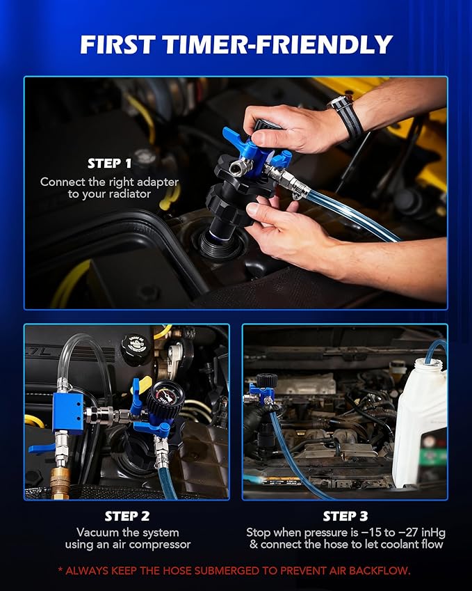 Orion Motor Tech Coolant Vacuum Refill Kit, Cooling System Vacuum Fill Tool with Leak Detector 5 Round Adapters 1 Conical Adapter, Radiator Coolant Fill Kit with Dual-Movement Gauge for Vacuum Leak
