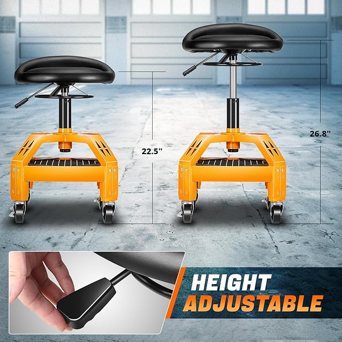 DNA Motoring Rolling Padded Seat Adjustable Height Seat 330lbs Capacity Rolling Mechanic Creeper Stool, W/Tool Storage Drawer & Tray, Black/Yellow,TOOLS-00599