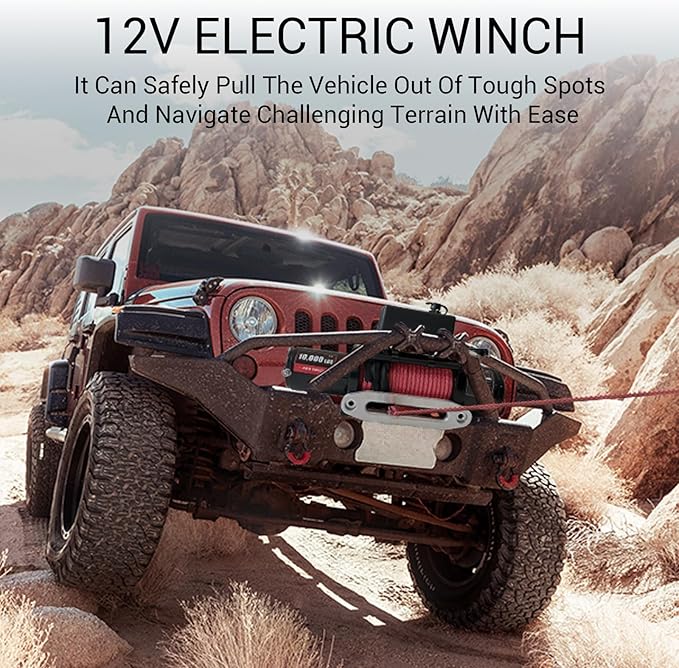 10000lbs Electric Vehicle Winch, Waterproof IP67 85ft Red Synthetic Rope Truck Winch with Wireless Handheld Remote, 12V Power Winch Winch for Towing UTV Off Road Vehicle