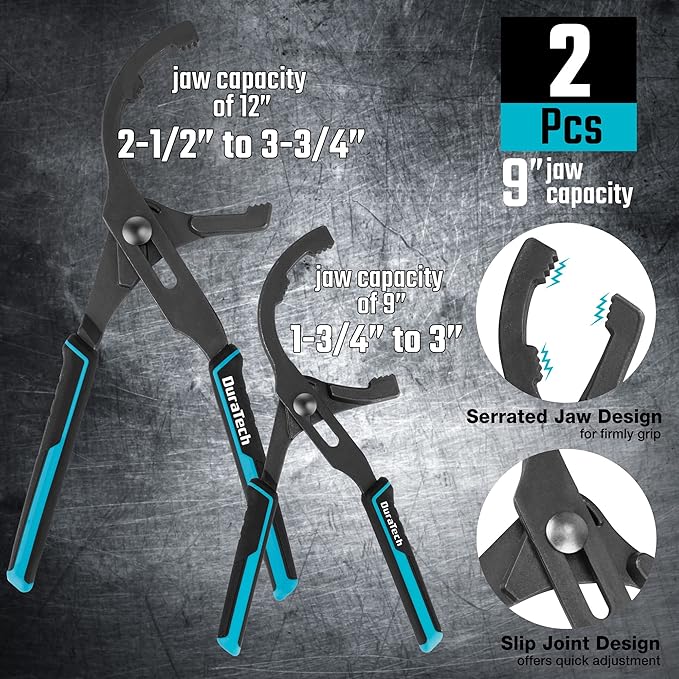 DURATECH 8-Piece Oil Filter Swivel Wrench Set, Wrenches Cover 2-3/4" to 5-1/4", 9" & 12" Adjustable Oil Filter Pliers, Universal 3-Jaw Removal Tool with 1/2" to 3/8" Adapter, Organized in Storage Case