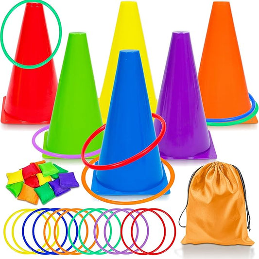 Carnival Outdoor Games Combo Set for Kids, Soft Plastic Cones Bean Bags Ring Toss Game, Activity Agility Set,Field Day Family Reunion Yard Lawn, Birthday Party Easter, Spring Fall Game