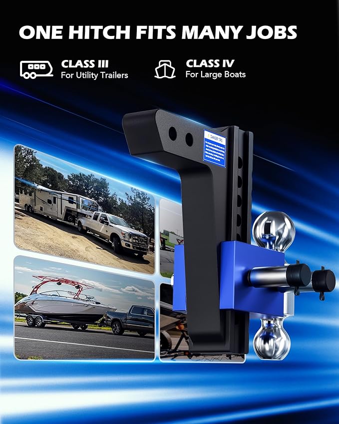 Orion Motor Tech Adjustable Trailer Hitch, Heavy Duty Drop Hitch 2 inch Receiver, 8" Drop & Rise Hitch with 2" & 2-5/16" Balls, 360° Dual-Ball Mount with 12500 lb. Towing Capacity for Class III & IV