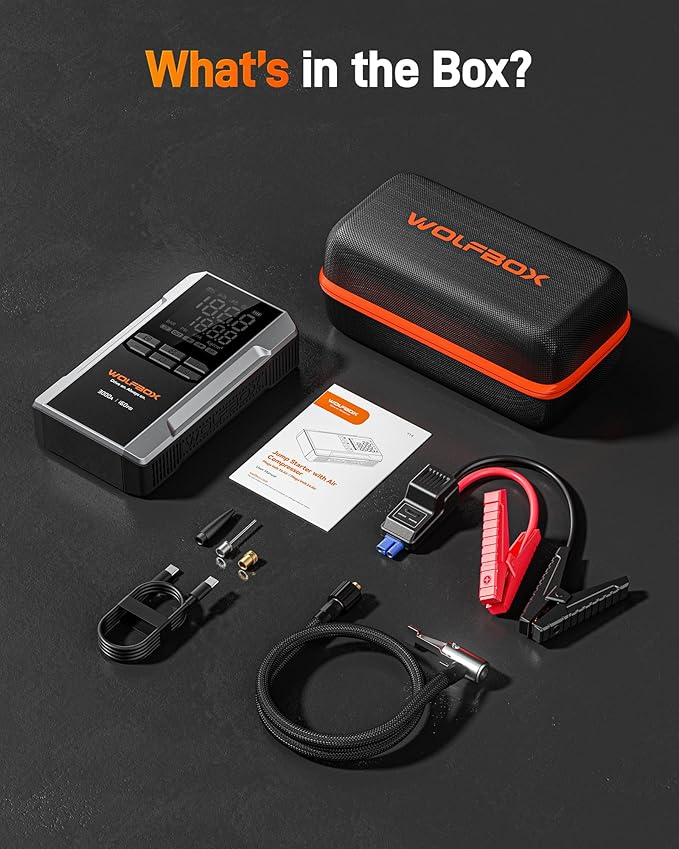 WOLFBOX 3000A Jump Starter with Air Compressor, 16000mAh&160PSI Portable Car Battery Jump Starter with 65W Fast Charge, 12V Battery Pack (8L Gas 6L Diesel Engine) with Boost, Light and Jumper Cables