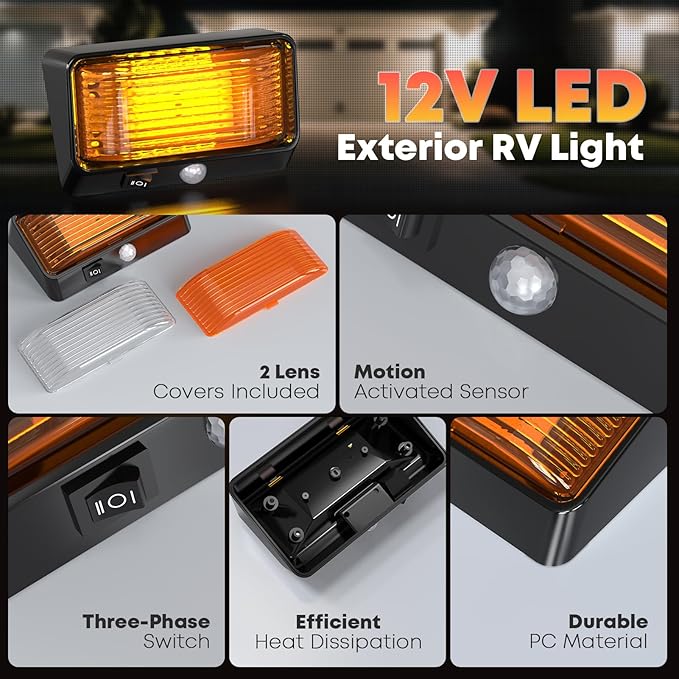 BlueFire RV Exterior LED Porch Light with Motion Sensor – Waterproof, Energy Efficient, Easy Installation, Bright Outdoor LED Lighting for Camper, Trailer, Motorhome (Black)