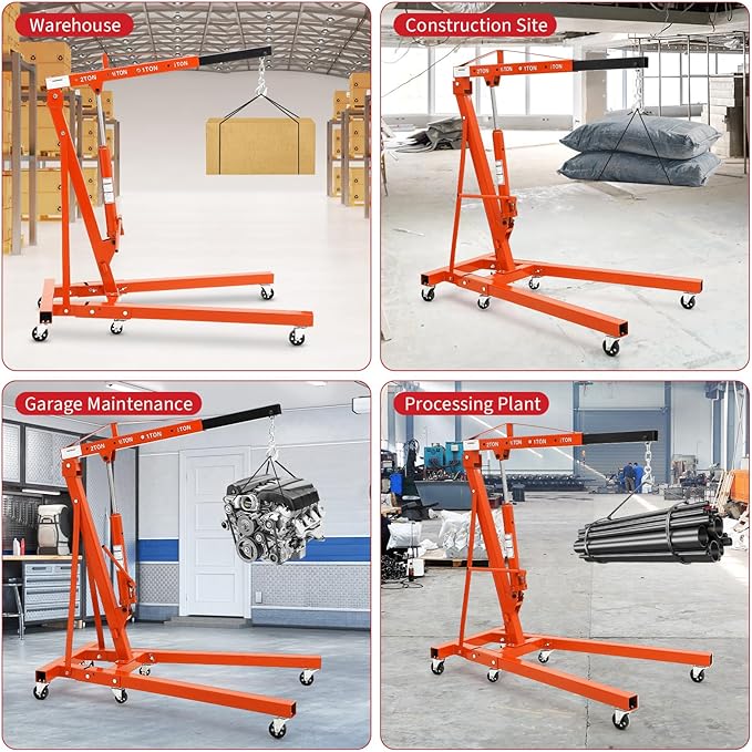 2-Ton Folding Engine Hoist Cherry Picker 4400 Lb Capacity Hydraulic Shop Crane with Telescoping Boom 6 Caster Wheels for Automotive Repair Garage Use Includes Hitch and Storage Stand Orange