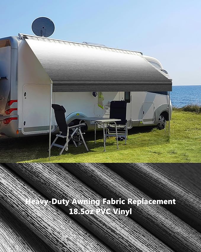 RV Awning Fabric Replacement, 18.5oz Heavy-Duty Weatherproof Vinyl Camper Awning Replacement Universal Outdoor Canopy for RV, Motorhome, Trailer Awnings (Black Fade, 19'(Fabric 18'2"))