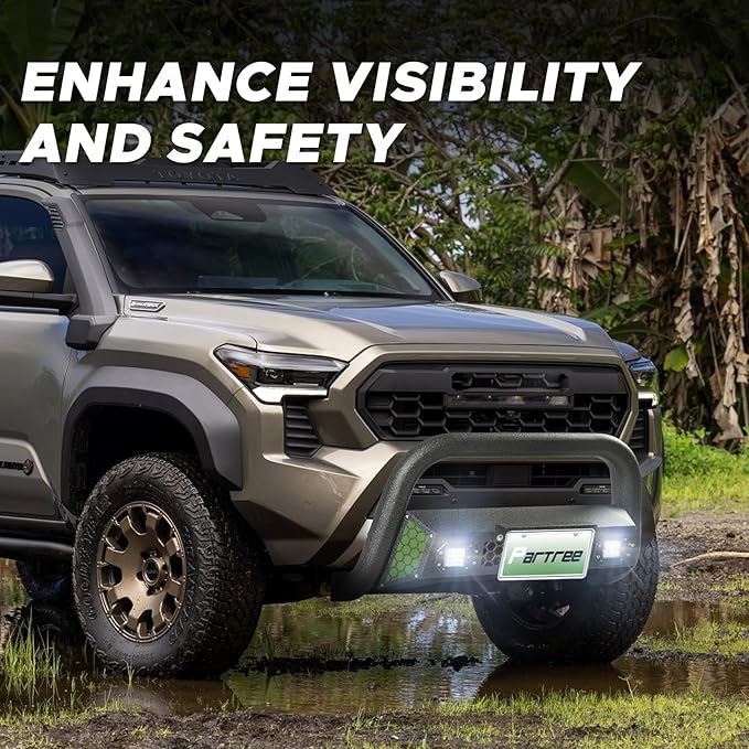 Bull Bar fit for 2024 2025 2026 Toyota Tacoma with LED Lights & License Plate Bracket Paintable Front Bumper Guard & Grille Protector