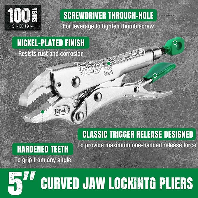 SK 5" Curved Jaw Locking Pliers, Premium CR-V Construction, Ergonomic Anti-slip Handle, Ideal for Welding or Assembly
