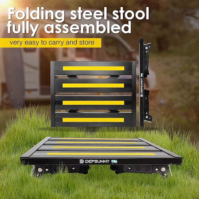Adjustable Height Aluminum RV Step, Stable Foldable Platform Step Stool, Supports Up to 1,000 lb, Non-Slip Rubber Feet and Platform Mat, Easy to Carry (Black)