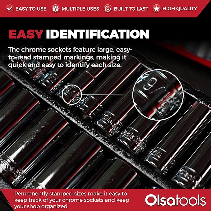 Olsa Tools SAE Deep Socket Set - 1/2-Inch Drive, 18pc - 6-Point Chrome Sockets from 3/8" to 1-1/4" and No Skipped Sizes - Mechanic Deep SAE Socket Set - Professional Grade Long Sockets - Part: 1319