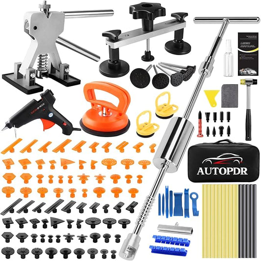 Car Dent Puller Kit with Slide Hammer & Suction Cups – 132pc PDR Tools for Auto Body & Hail Dent Repair – DIY Car Dent Repair Kit with Glue Gun, Rubber Hammer & Trim Tools