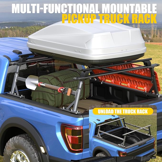 Truck Ladder Rack, Adjustable Height Aluminum Extendable Cargo Rack Cross Bars Truck Bed Rack for Full Size & Mid Size Pickup Trucks,Ford F-Series,Tacoma,Tundra,Gladiator JT,Silverado,GMC Sierra,Titan