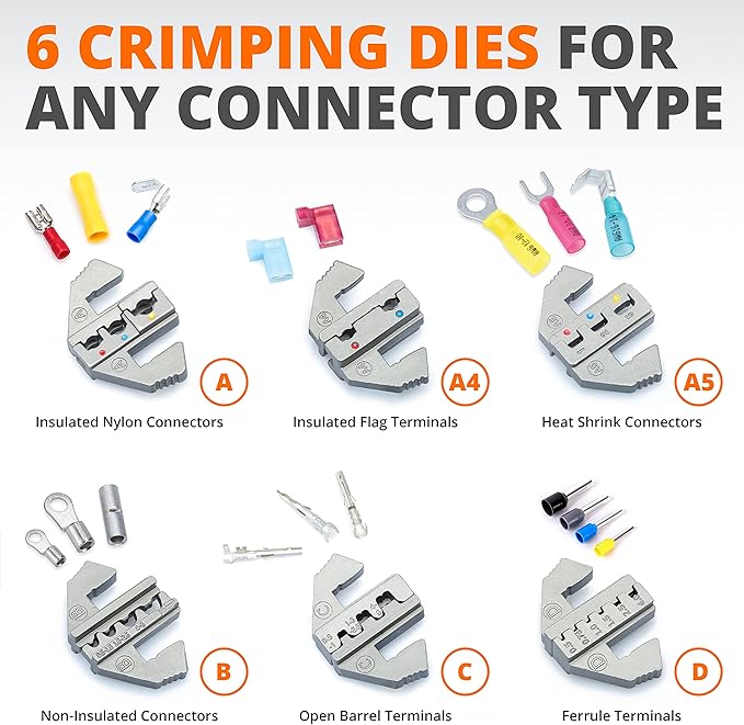 Wirefy Wire Crimping Tool Kit | Crimpers & 6 Slide in Dies | Ratcheting Wire Crimper Tool | Terminal Crimp Pliers | for Heat Shrink, Non Insulated, Open Barrel, Flag, Ferrule, Insulated Connectors