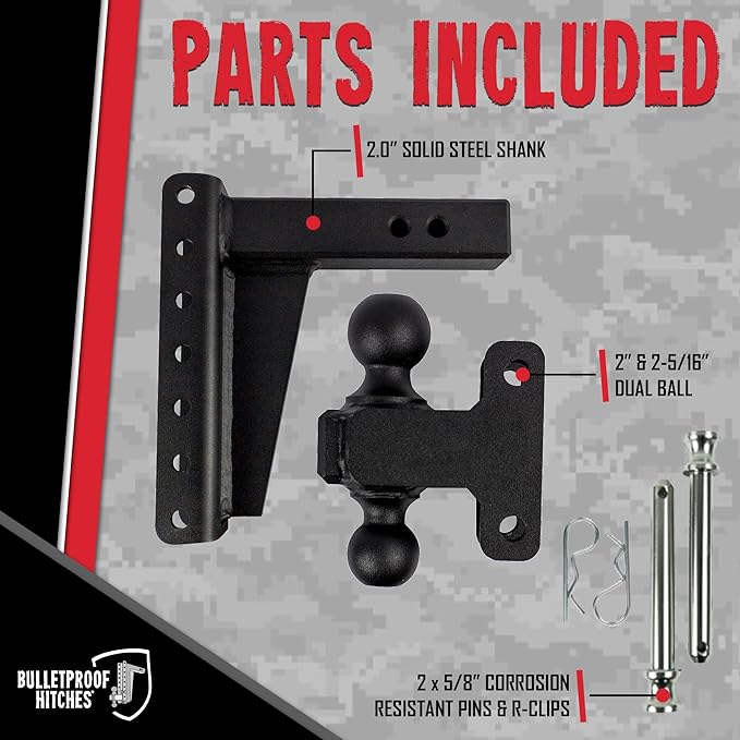 BulletProof Hitches - 2.0" Adjustable Heavy Duty Trailer Hitch (22,000 lb. Rating) - 8" Drop/Rise Trailer Hitch with 2" & 2-5/16" Dual Ball - Powder Coat, Solid Steel, Corrosion-Resistant