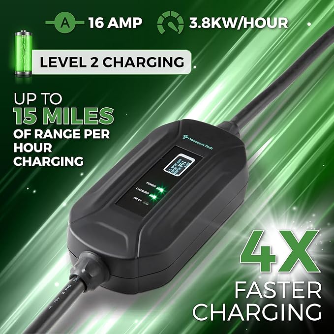 PRIMECOM Level 2 Electric Vehicle (EV) Charger (220V / 240Volt, 16Amp) Portable EVSE Smart Electric Car Charger, 30', 40', and 50 Feet Lengths (NEMA L6-30P, 35 Feet)