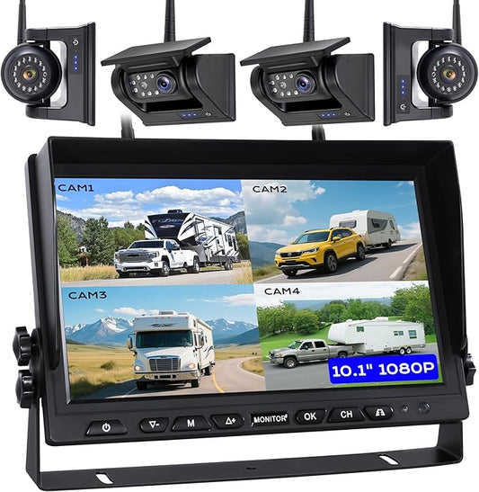 10.1" 4-Magnetic Wireless RV Backup Camera, HD1080P DVR Monitor, IP69 Waterproof & IR Night Vision 4x9600mAh Rechargeable Cameras, 2 Side Camera & 2 Rear Camera for Trailer Truck Camper-WS4