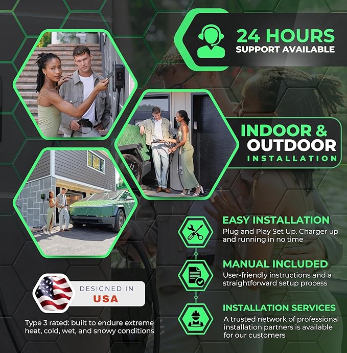 MACH 2:Fast Hardwired Level 2 EV Charger J1772 car Connector, 48 amp Garage-pro Wall-Mount EVSE - Electric Vehicle Charging Station. Accessories: 30ft Cable & Tesla NACS Portable Adapter Extension