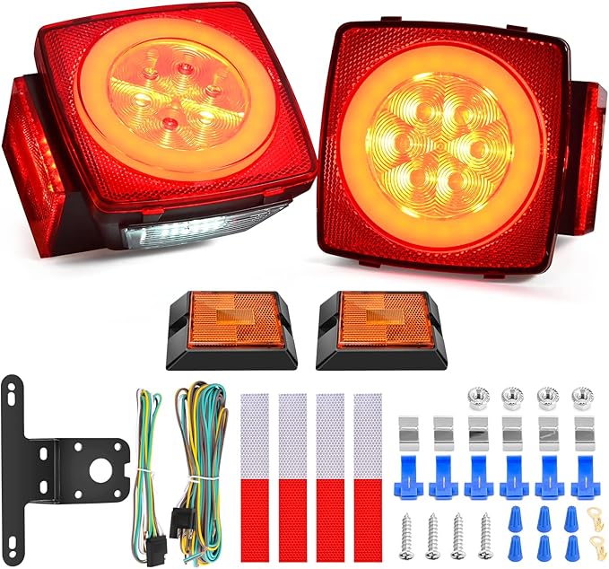 Nilight 2PCS Square LED Trailer Light Kit with Halo Glow Submersible LED Stop Turn Tail Side Marker Clearance License Light for 12V Trailer Boat Camper RV Trucks Snowmobile (TL-41)