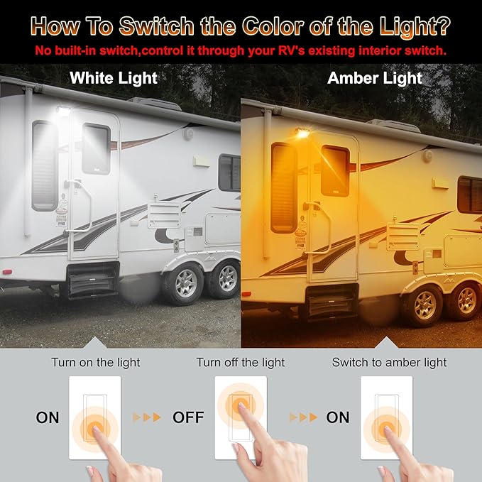 RV Exterior Light, 1300LM Aluminum LED Porch Light With Dual Color White/Amber for RV Camper Trailers Truck Porches Towing 5th Wheels 1 PCS