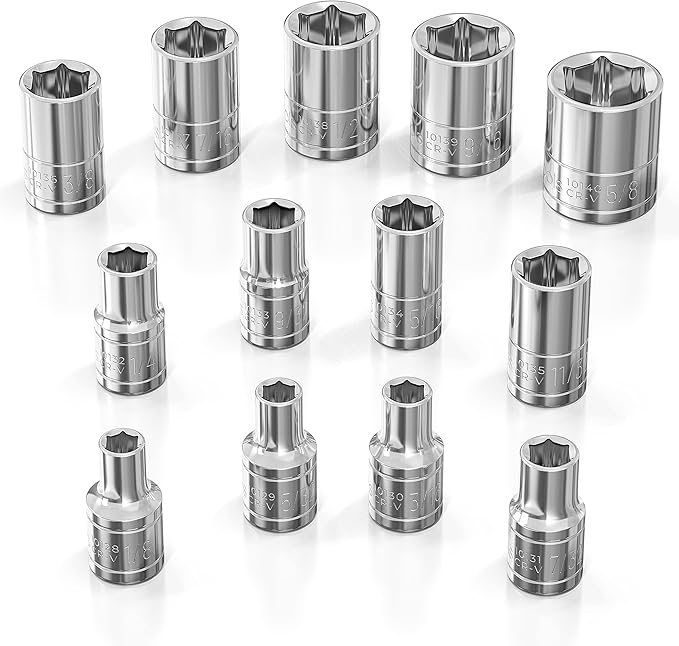 Olsa Tools SAE Shallow Socket Set - 1/4-Inch Drive, 13pc - 6-Point Chrome Sockets 1/8" to 5/8" and No Skipped Sizes - Mechanic Shallow SAE Socket Set - Professional Grade Short Sockets - Part: 1330