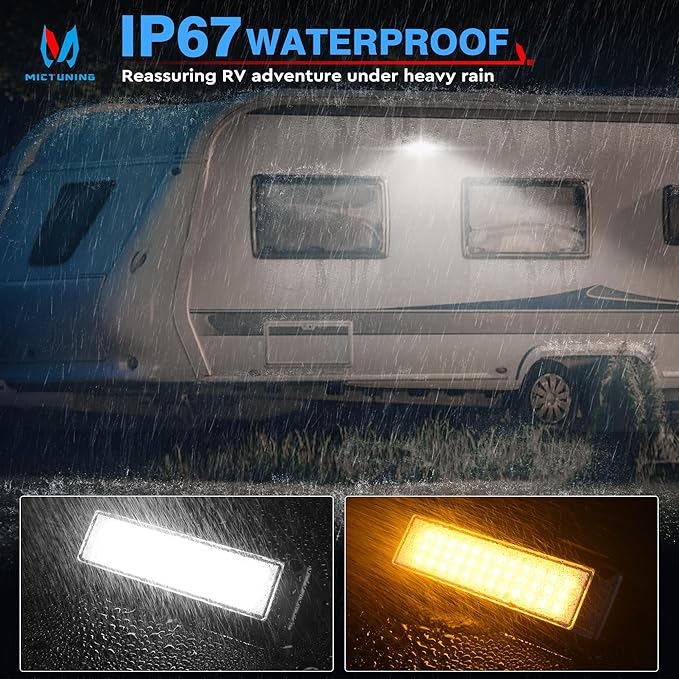 MICTUNING RV Porch Light, 9 Inch 54W Amber/White LED Exterior Utility Awning Light 6000K, Aluminum Housing IP67 Waterproof Replacement Lighting for Trucks, Trailers Bus Marine Boats Campers