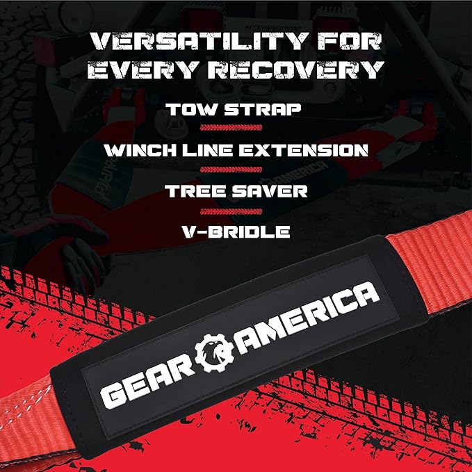GearAmerica Heavy Duty Tow Strap 3"x8' - Tree Saver Winch with 35,053 lbs Break Strength, Offroad Weather Resistant Recovery Rope & Triple Reinforced Loops (Red) - ATV Accessories