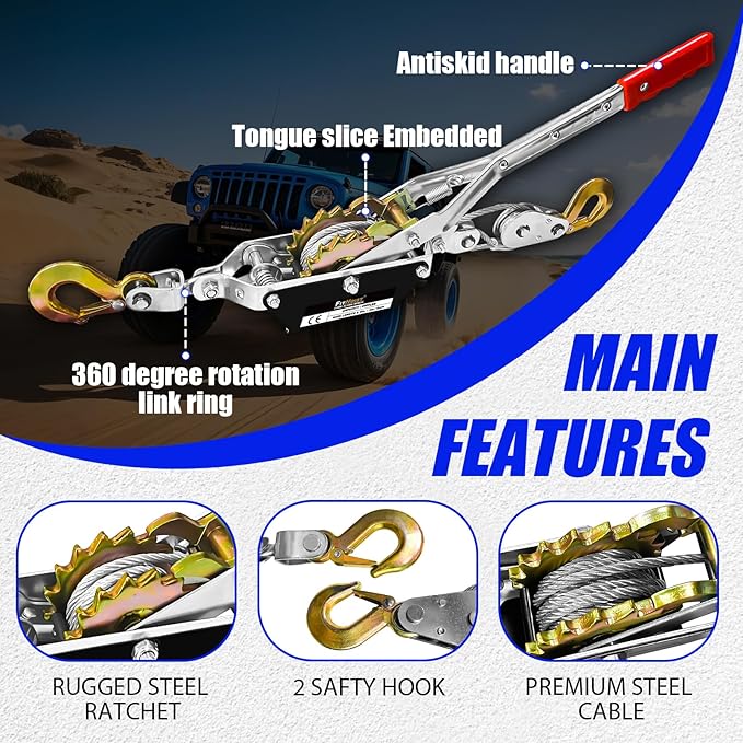 Come Along Winch 2-Ton (4400 Lbs) Pulling Capacity 7.54Ft 2 Hook Heavy Duty Power Cable Come Along Tool with Dual Gears Hand Winch Cable Automotive Hoist Winch Puller