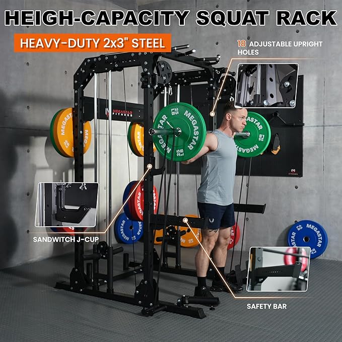 Power Rack Home Gym with Aluminum Pulley Set – 2000LB Capacity Multifunction Squat Rack with Cable Crossover, Includes 16 Professional attachments for Home Gym Strength Training, P63 Rampage