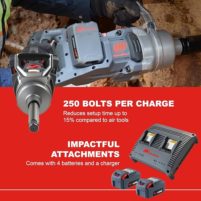 Ingersoll Rand W9491-K4E 1" 20V Cordless Impact Wrench 4-Battery Kit, 2,600 ft-lbs Torque, Friction Ring-Thru-Hole Retainer