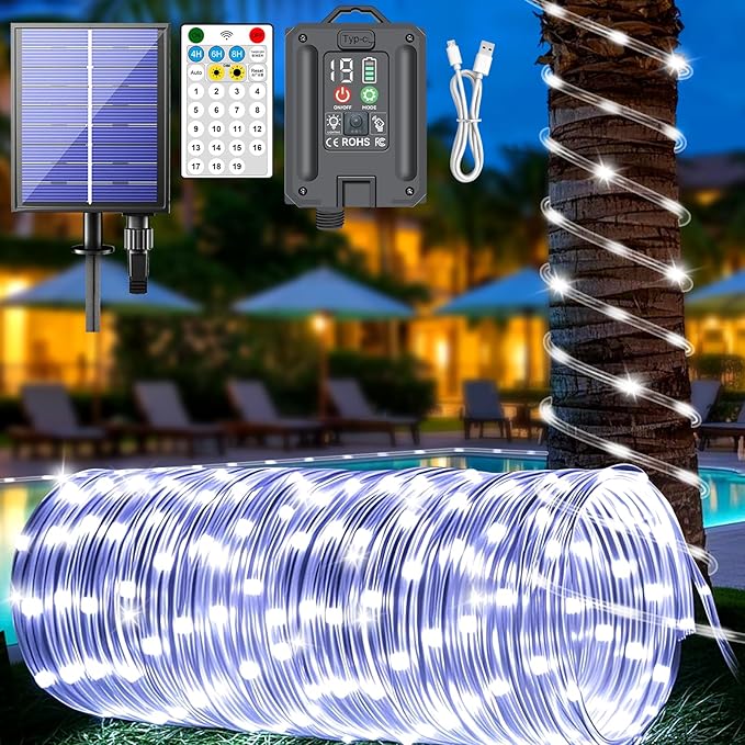 New Upgraded Solar Rope Lights Outdoor 500 LED 170FT 19 Modes Solar & USB Rechargeable String Lights with Remote Timer Dimmable Waterproof for Garden Camping Pathway RV Christmas Decor (500LED-White)