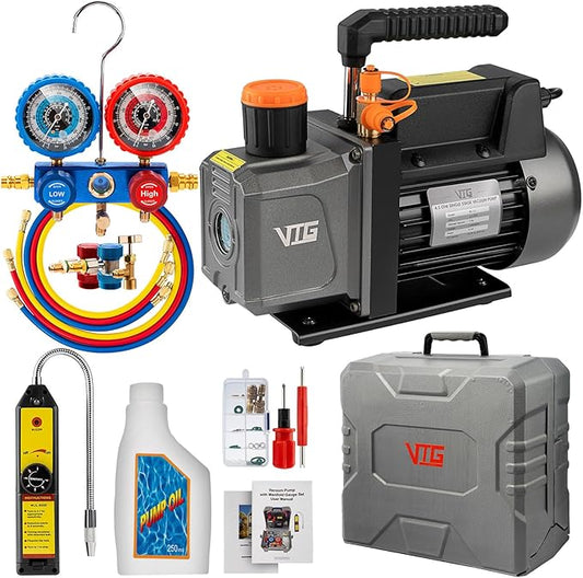 4.5 CFM AC Vacuum Pump and Gauge Set,for Mini Split/HVAC/Auto Systems,Manifold Gauge Kit Fits R134a R22 R410a R404a,with Leak Detector,Upgraded Trifold Storage Case,3 Hoses,R134a Can Tap