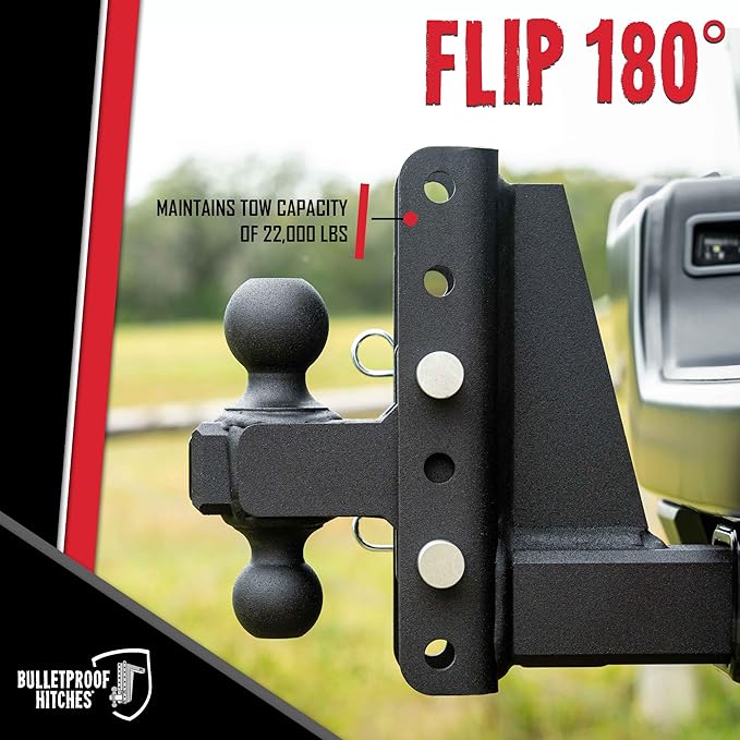 BulletProof Hitches - 2.0" Adjustable Heavy Duty Trailer Hitch (22,000 lb. Rating) - 12" Drop/Rise Trailer Hitch with 2" & 2-5/16" Dual Ball - Powder Coat, Solid Steel, Corrosion-Resistant