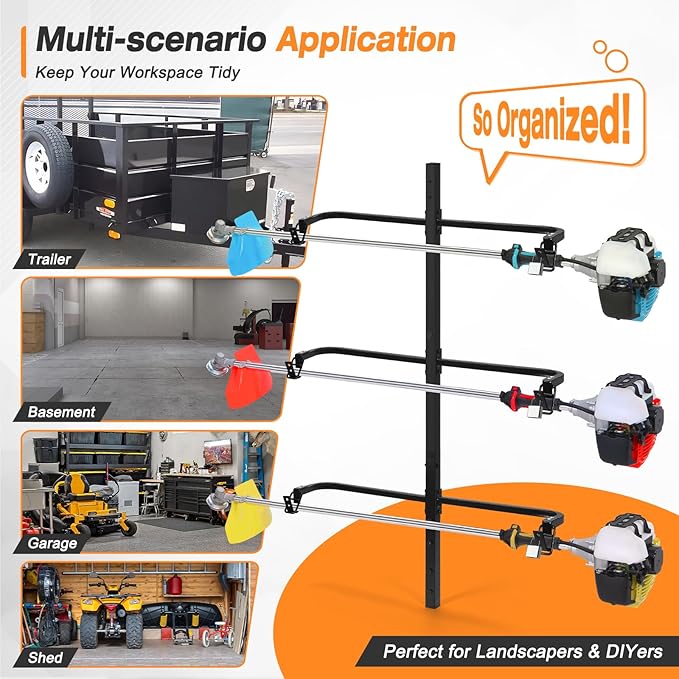 3 Place Weed Eater Rack, Mount On Landscape Truck Trailer Enclosed Trimmer Rack Holder, Open and Enclosed Trailers Tool with Locks, Wall Mounted Lawn Equipment Accessories, Carbon Black