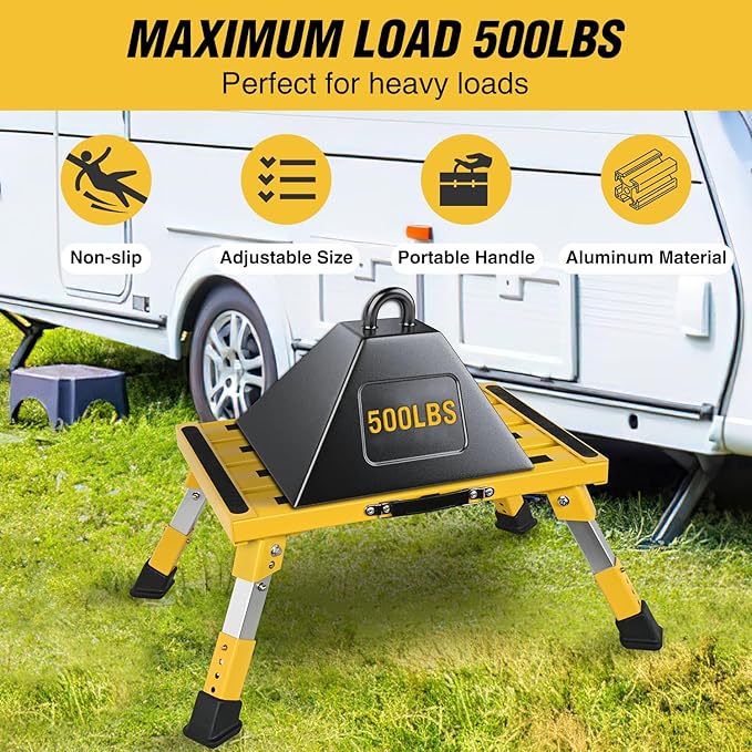 Nilight RV Step Stool Portable Folding Aluminum Platform Steps with Handle 16.5x11.8 Anti-Slip Surface Adjustable Height Step with Rubber Feet Support Up to 500lbs for Camping Travel Trailer (Yellow)