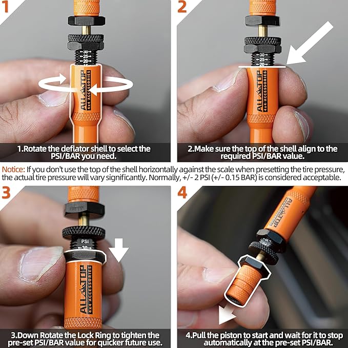 ALL-TOP Adjustable Auto-Stop Tire Deflator Valve Kit (10-30PSI) 4 PCS Tyre Air Down Tool with Screw-On Back-up Valve Caps for Offroad 4x4 (2nd Gen)