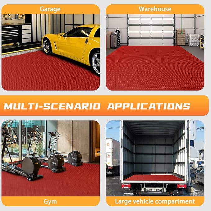 Boshen 5x7.5FT Garage Floor Mat, 2.5mm Thickened Diamond Plate PVC Rubber & Vinyl Flooring Roll, 37.5 SQFT Non-Slip Rubber Garage Mat for Floor Under Car Protection - Red
